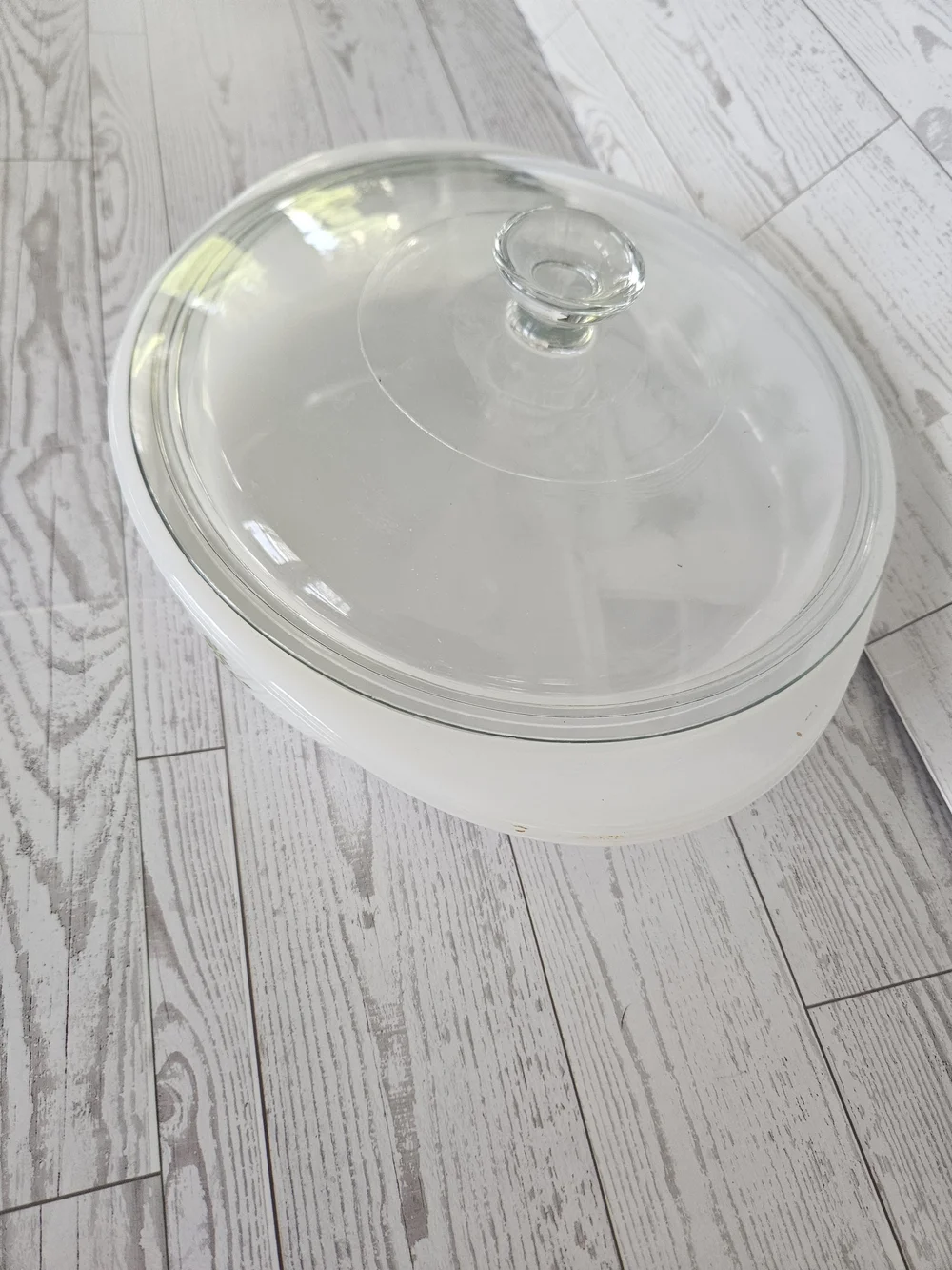 White Glass Casserole Dish with Green Floral Motif and Clear Lid